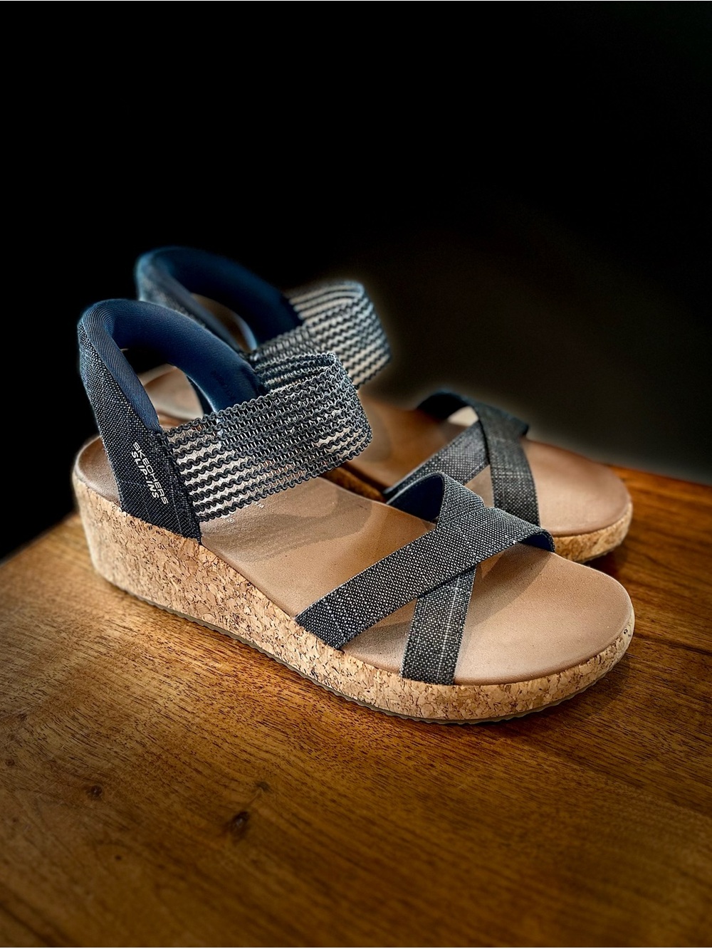 Never worn Skechers Navy and Cork Elastic Strap Wedge Sandals